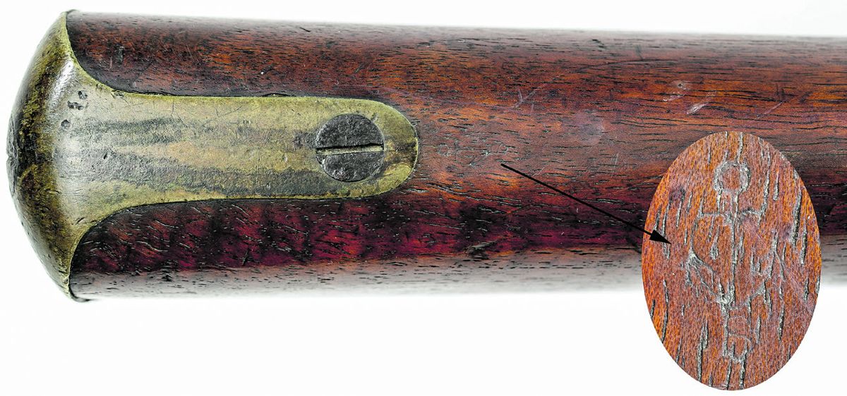 Confederate Anchor / S inspection mark on the comb of a P1856 cavalry carbine. This later war inspection mark is associated with guns imported during 1863 and 1864.