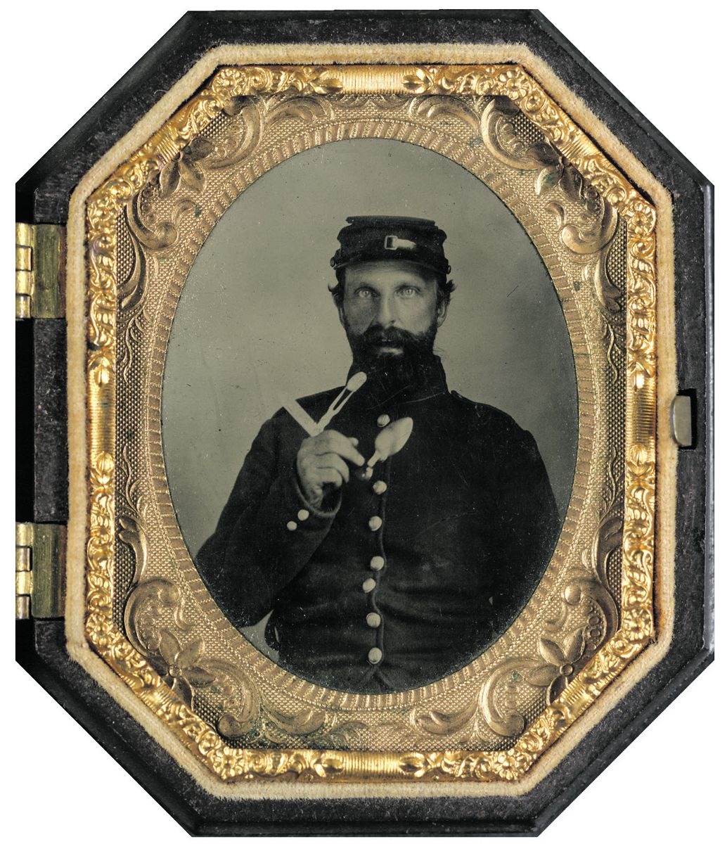 Unidentified soldier in Union uniform with combination fork- knife-spoon eating utensil. (Liljenquist Family Collection of Civil War Photographs. Library of Congress). Another image of a solider holding a knife/fork/spoon combination utensil sold for $1,195 at Heritage Auctions, Dallas, Texas, (lot 57657, Nov. 20,