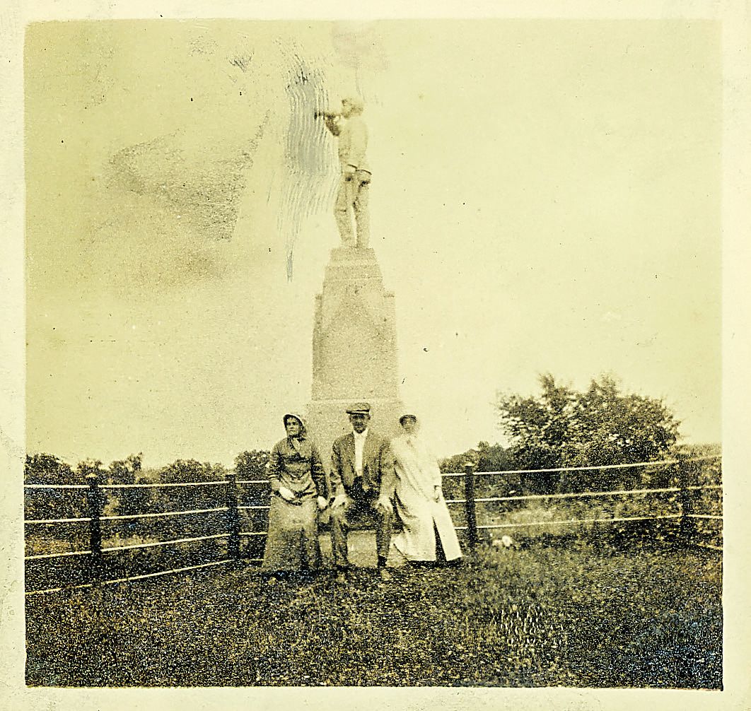These two photographs show Lieut. Yeager’s daughter, son- in-law, and granddaughter visiting Devil’s Den and the 153rd’s monument on Blocher’s Knoll in the early twentieth century.