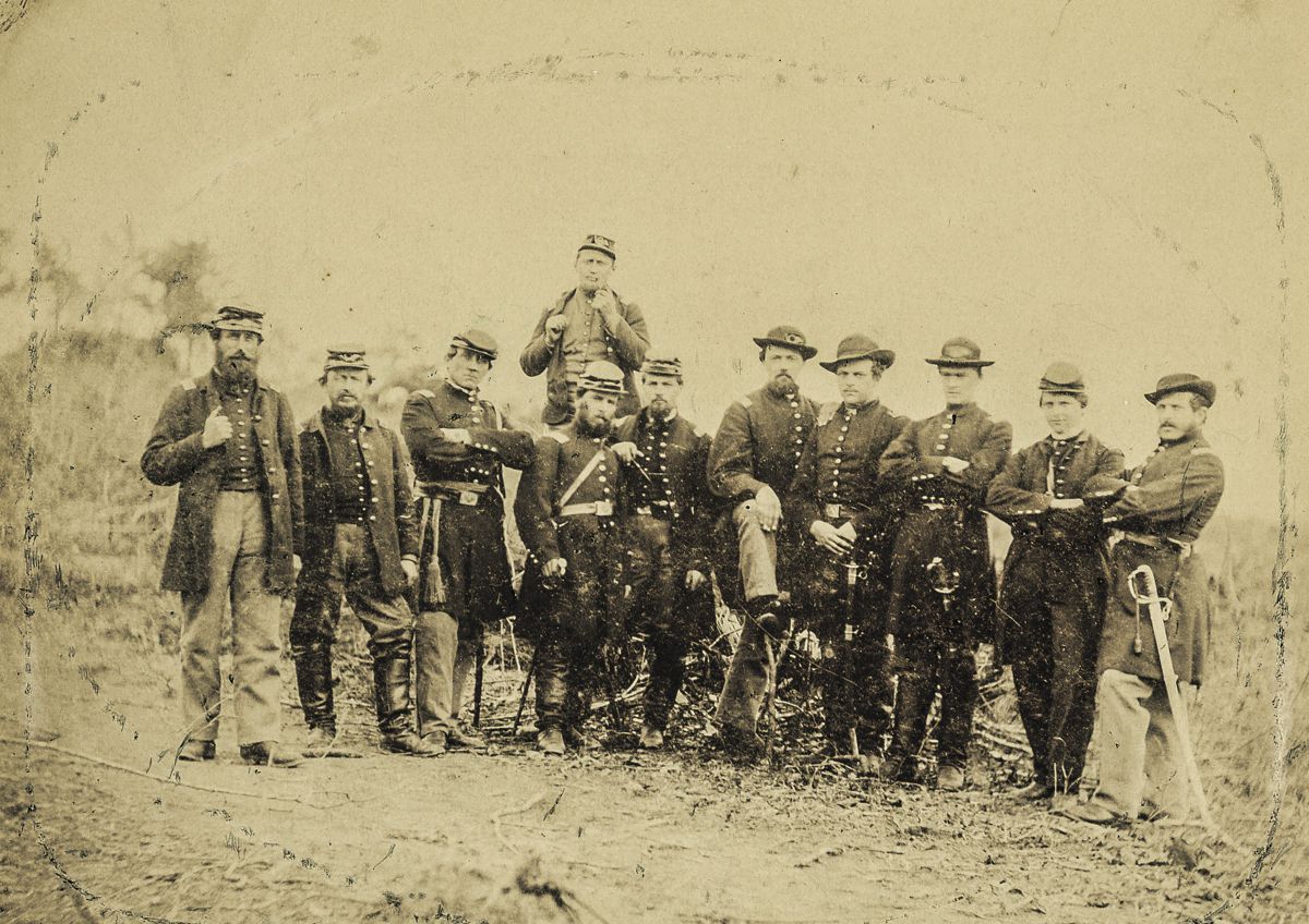 Officers of the 153rd Pennsylvania taken at their winter quarters in late 1862 or early 1863. From left to right: Capt. John P. Ricker, Capt. Henry J. Oerter, Capt. Joseph A. Frey, 2nd Lieut. William Simmers, 2nd Lieut. William Beidelman, 1st Lieut. Henry R. Barnes, 1st Lieut. George H. Fritchman, Capt. Joseph S. Myers, 1st Lieut. Horatio D. Yeager, Capt. Howard J. Reeder, 2nd Lieut.