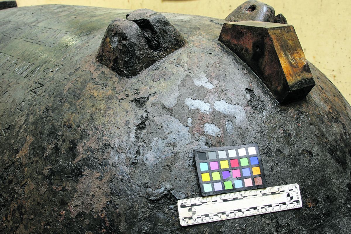 Detail view of the port XI-inch Dahlgren gun “Worden” showing the sight and firing hammer mounts.