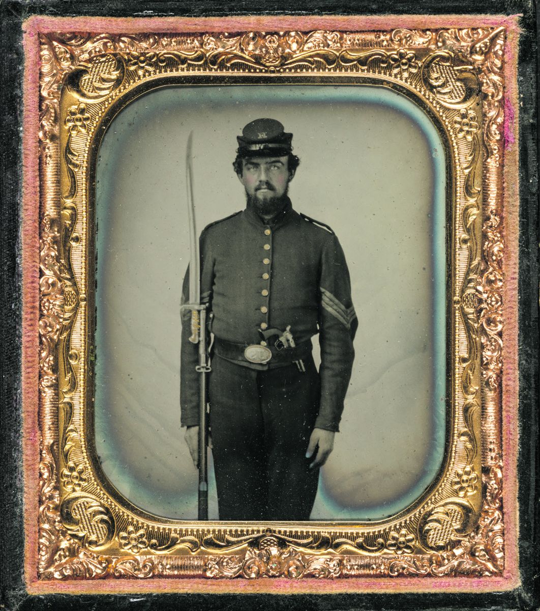 Union soldier wearing sergeant’s uniform and Company H forage cap with revolver, musket, and attached U.S. Model 1862 “Zouave” sword bayonet. Liljenquist Family Collection of Civil War Photographs. Library of Congress.