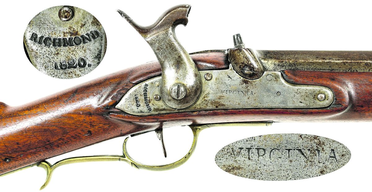Close up of the lock area of a Merrill-altered Virginia Manufactory 2nd Model rifle, showing the distinctive Merrill bolster and hammer.