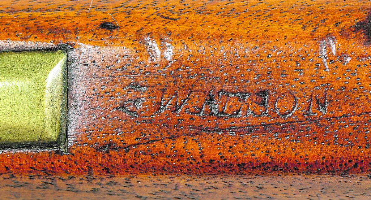 Close up of the name stamped behind the triggerguard of the Merrill-altered 2nd Model Virginia Manufactory rifle, linking this rifle to the 46th Virginia Infantry, a unit that was issued 12 percussion altered “Virginia Rifles.”