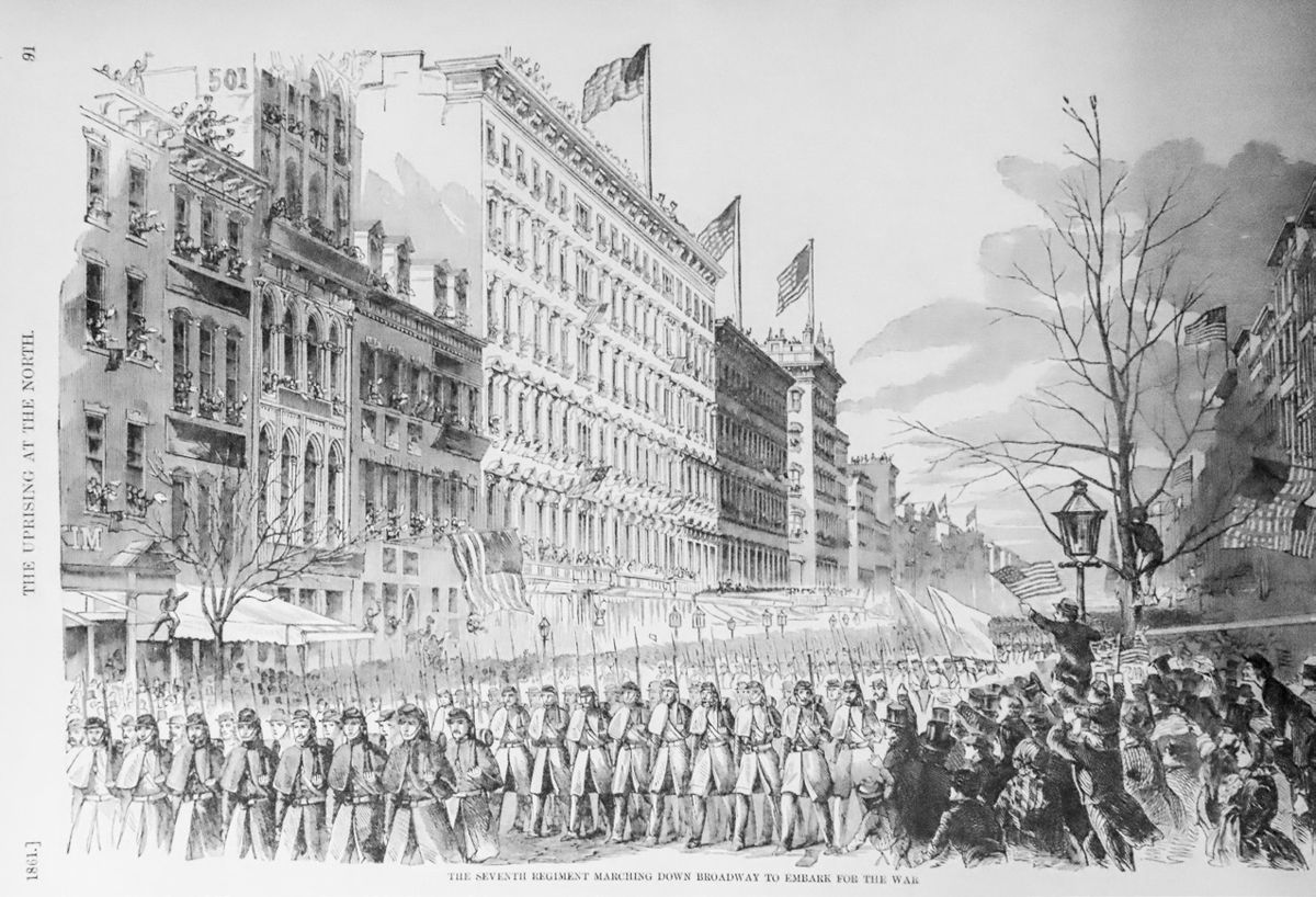 7th NYSM parades down Broadway, April 19, 1861.