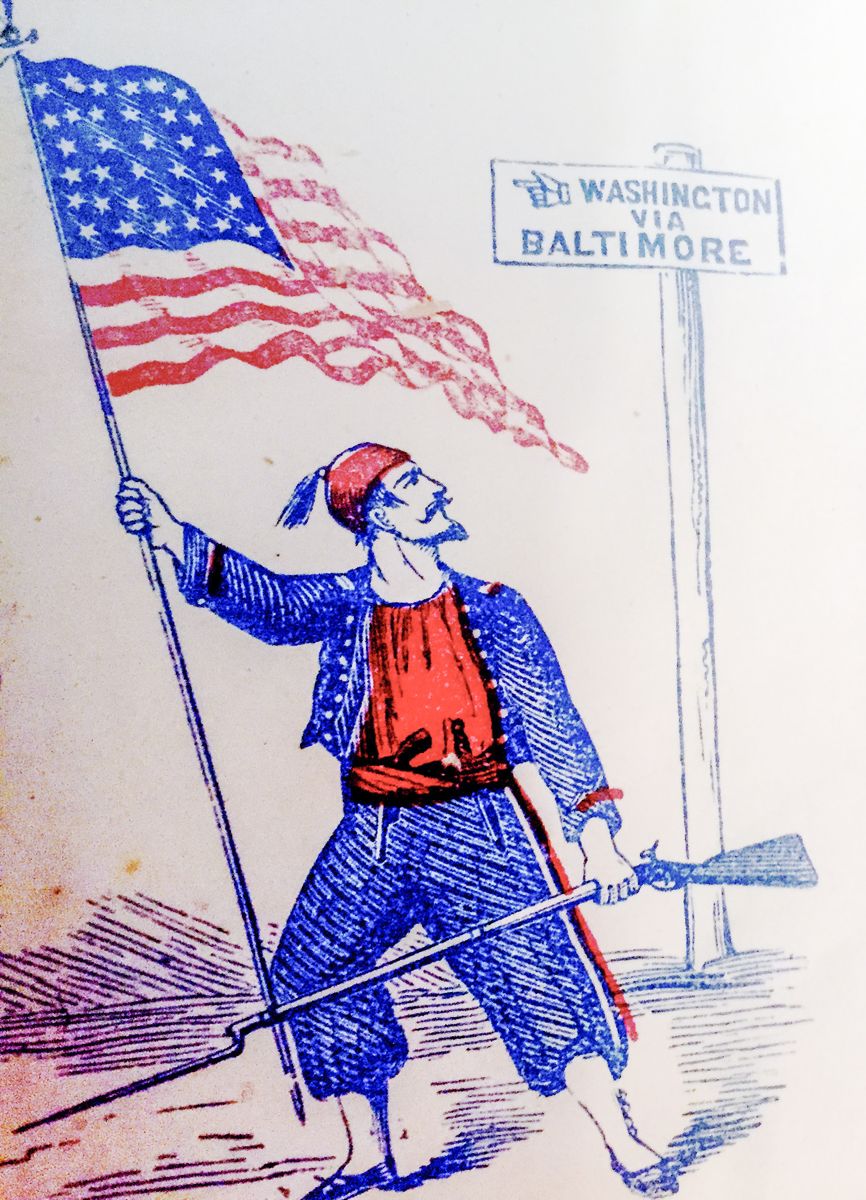 Zouve in uniform next to signpost from Washington via Baltimore.