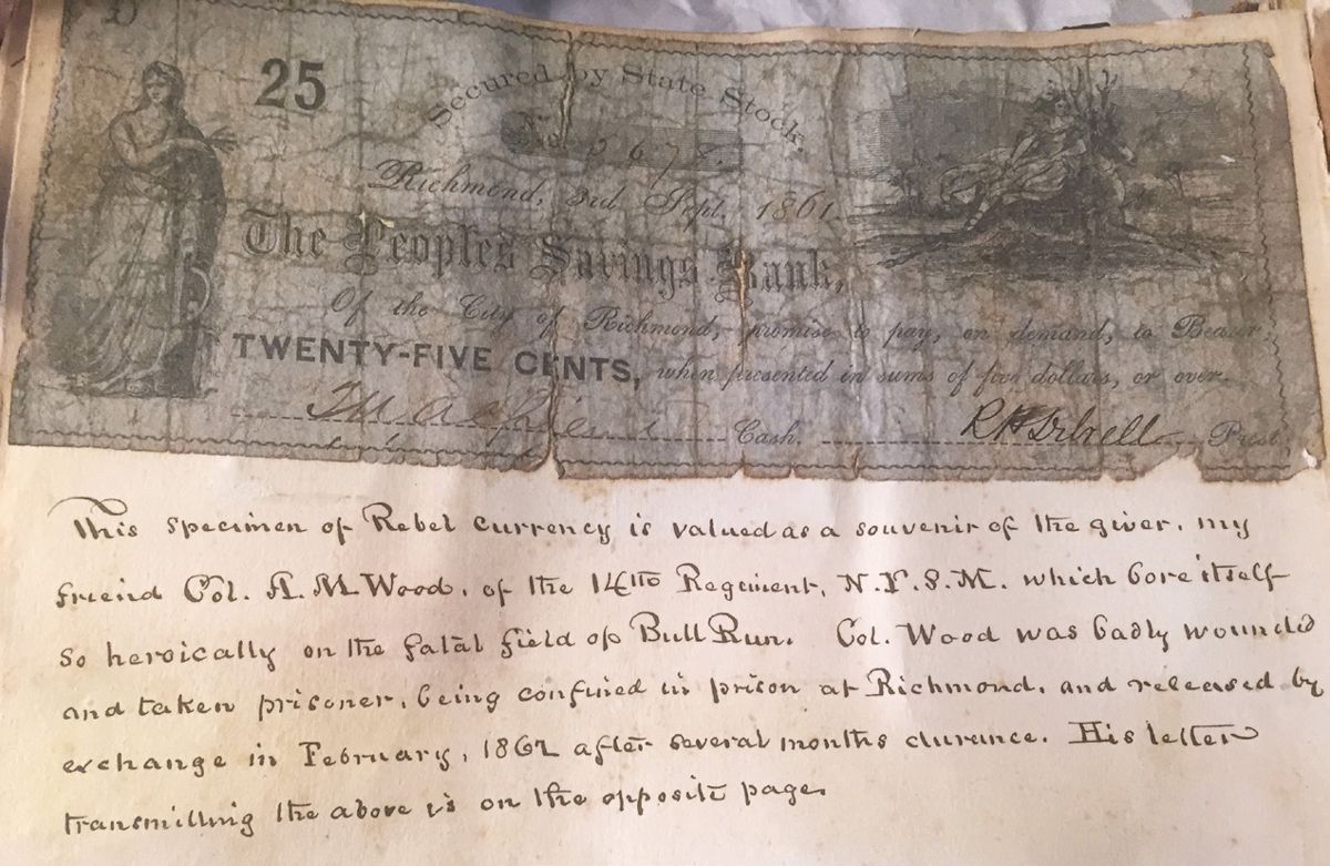 Confederate 25 cent bill sent to Roosa by Col. A. M. Wood, 14th