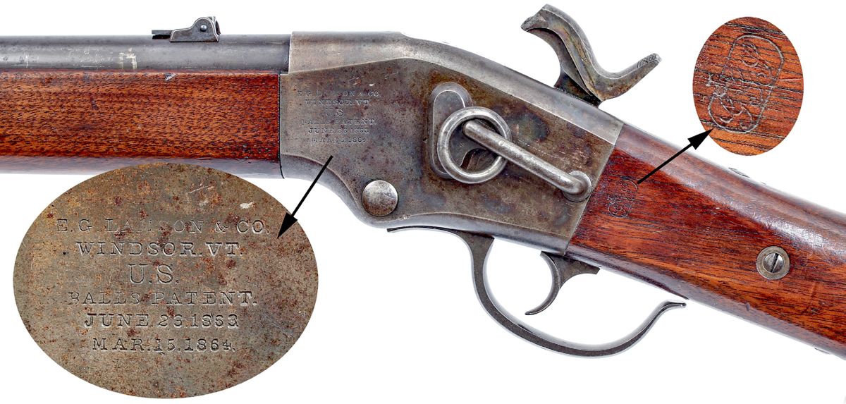 Reverse receiver of the Ball carbine, showing the sling bar and ring with inset details showing the receiver markings and the inspection cartouche of George G. Saunders.