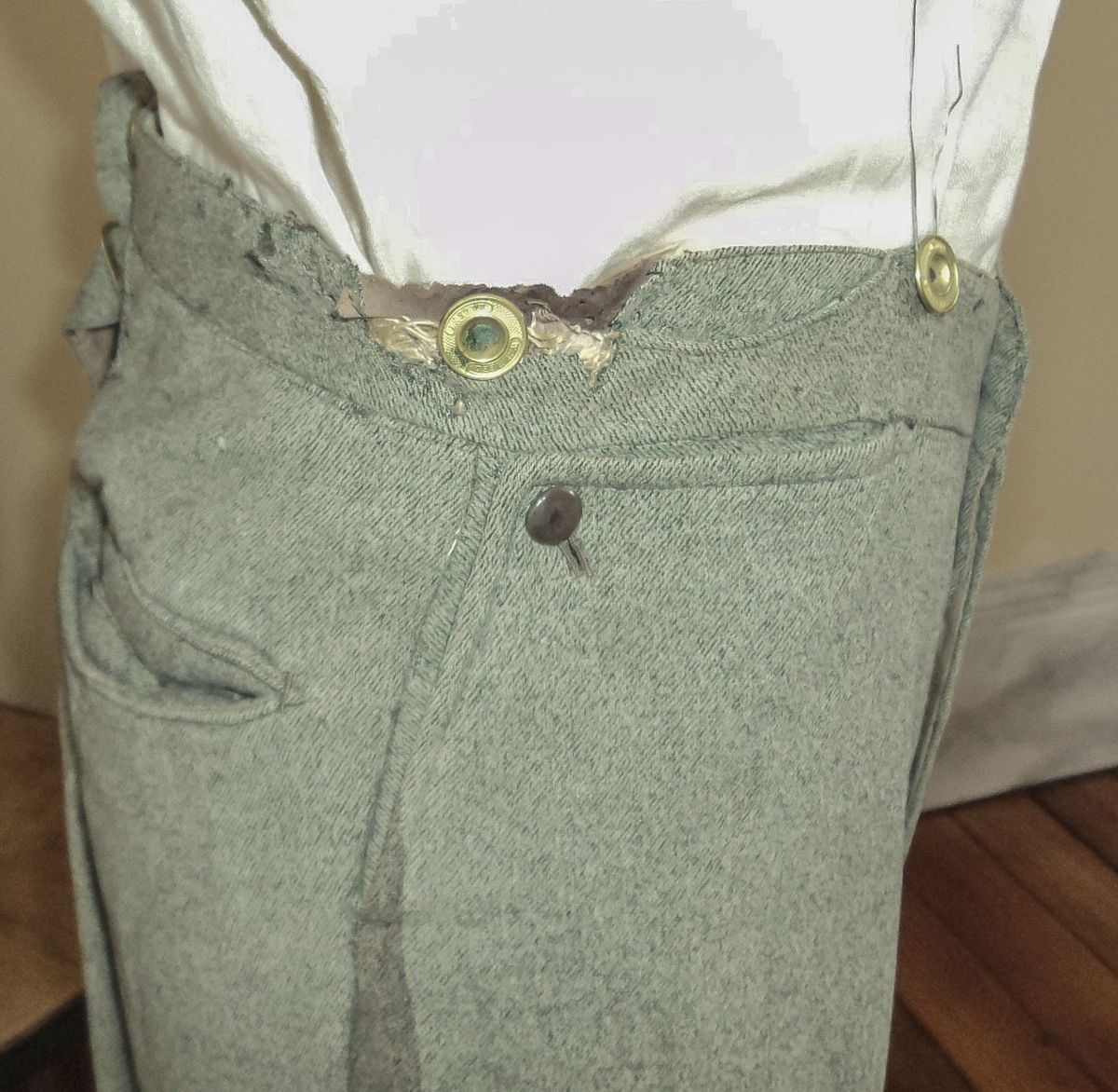 This shows the damage done to Hale’s trousers by the ball that killed him.