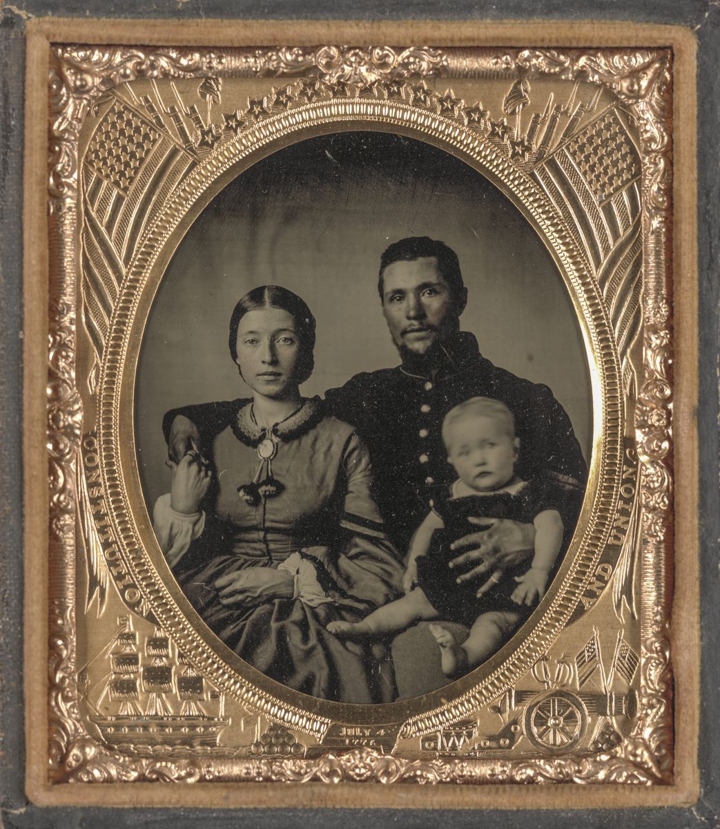 Unidentified soldier in Union uniform, woman, and baby. Note the ring on his left pinky. Liljenquist Family Collection of Civil War Photographs, Library of Congress.