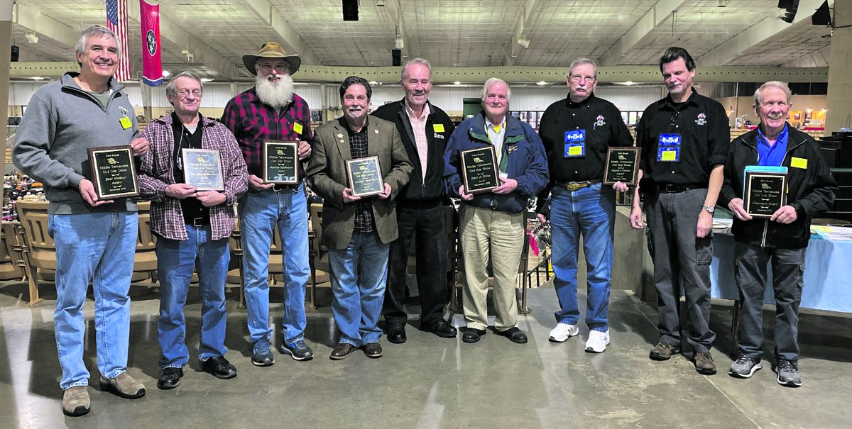 33rd Middle Tennessee Civil War Show Award Winners. Left to right: Best Weapon Award – Arston Grant: Confederate Revolvers; Historical Significance Award – David Noe: The British Pattern 1853 Enfield; Historical Significance Award – Greg Murry: The Crockett Long Rifle; Historical Significance Award – Gerald Roxbury: Naval Sword Surrendered to Raphael Semmes; Best of Show – Paul Gibson and Bob Edmondson: Confederate Blockade Runner Documents and Letters; People’s Choice Award – Greg and Wayne Williams: Surviving Battlefield Amputations During the Civil War; Chairman’s Award – Bill Blackman: Confederate Buckles and