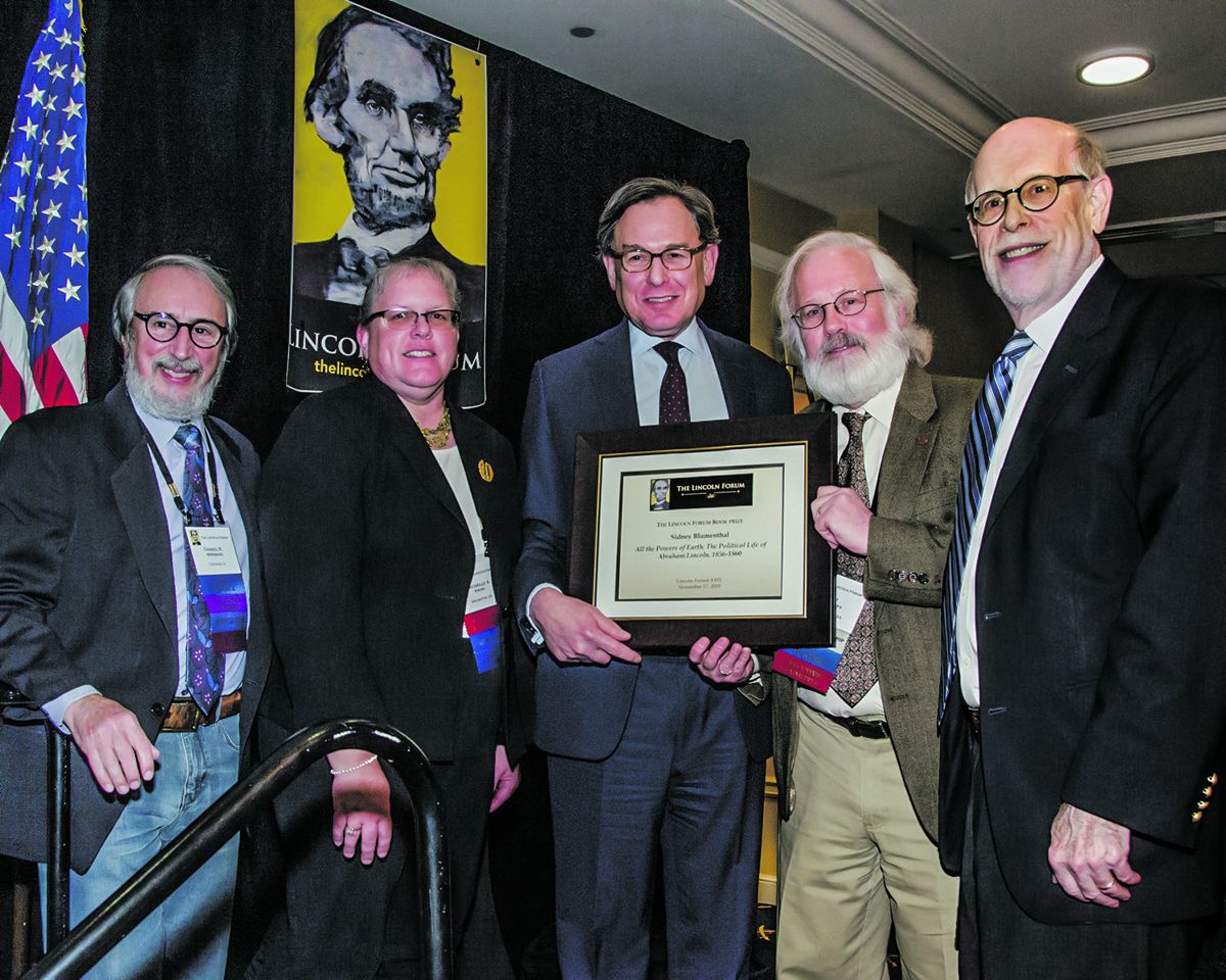 Sidney Blumenthal (center) receives inaugural Lincoln Forum Book Prize from, L to R- jurors Dan Weinberg, Michelle Krowl, Tom Horrocks (chair) and Forum Chairman Harold Holzer. (All photos by Henry Ballone)