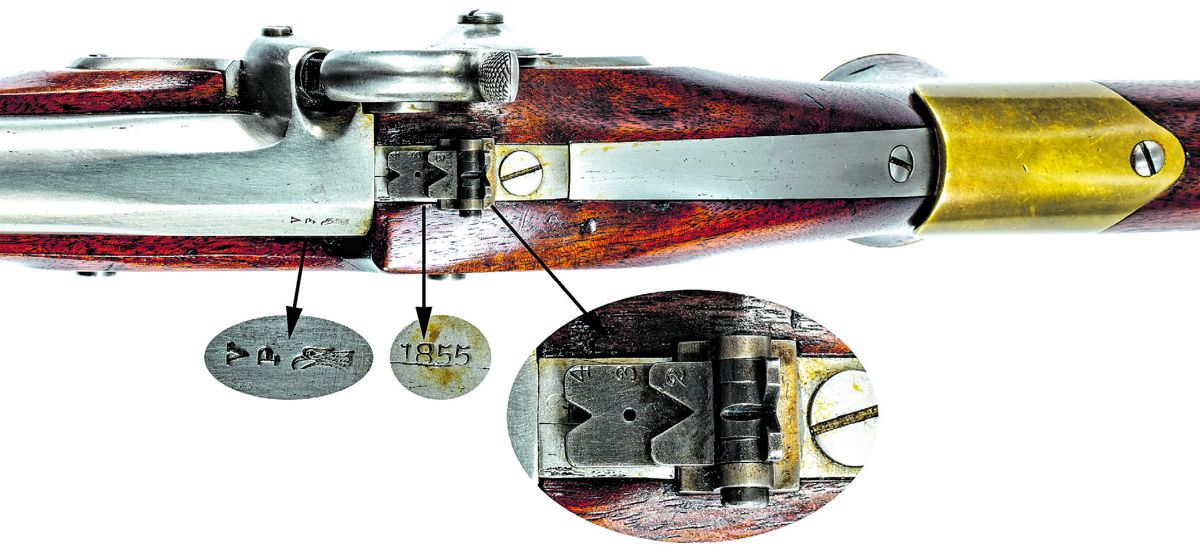 the breech concealed by the sight leaves, and the inspection marks on the angled flat.