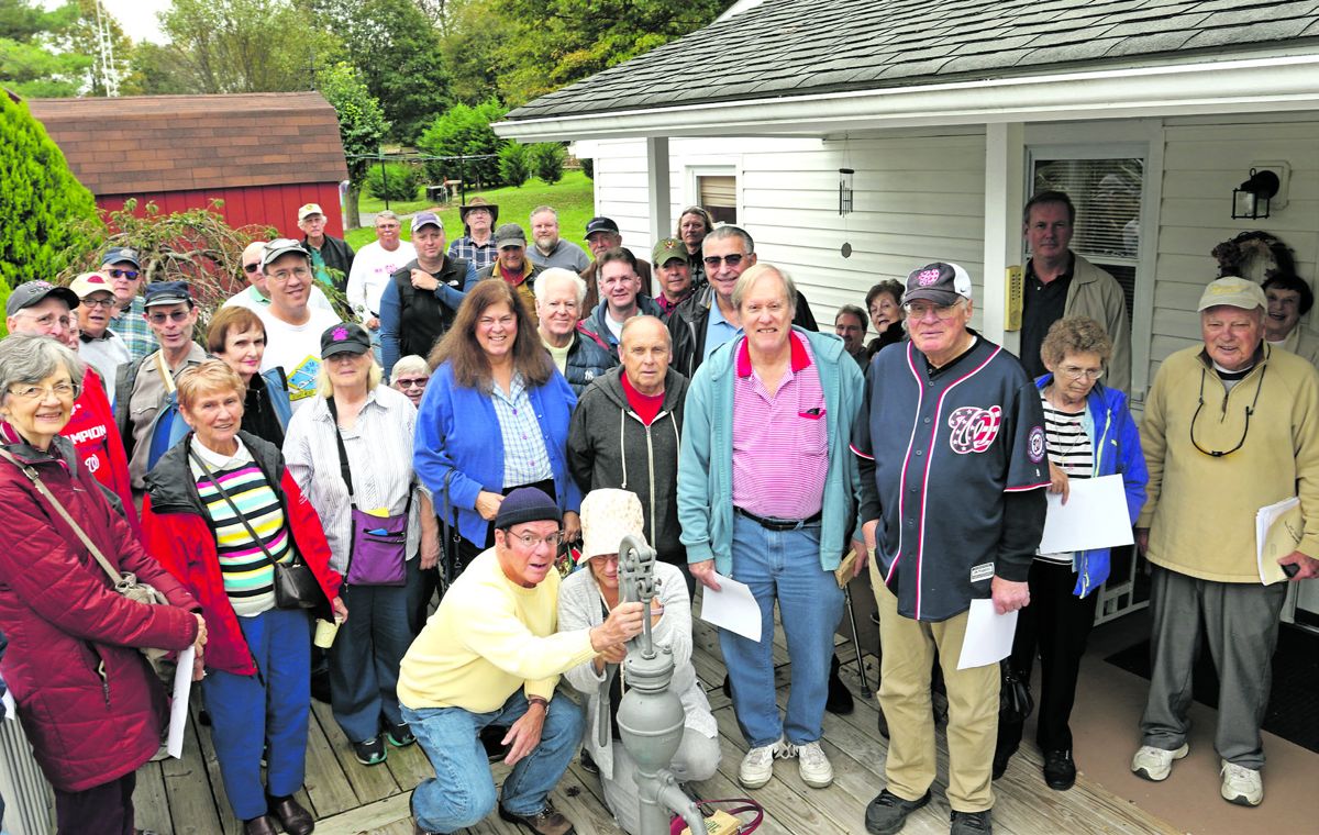 The Both Sides Tour group from Virginia gathered in Graceham to hear the story about the young girl pumping water for the Confederates during their retreat from Gettysburg.
