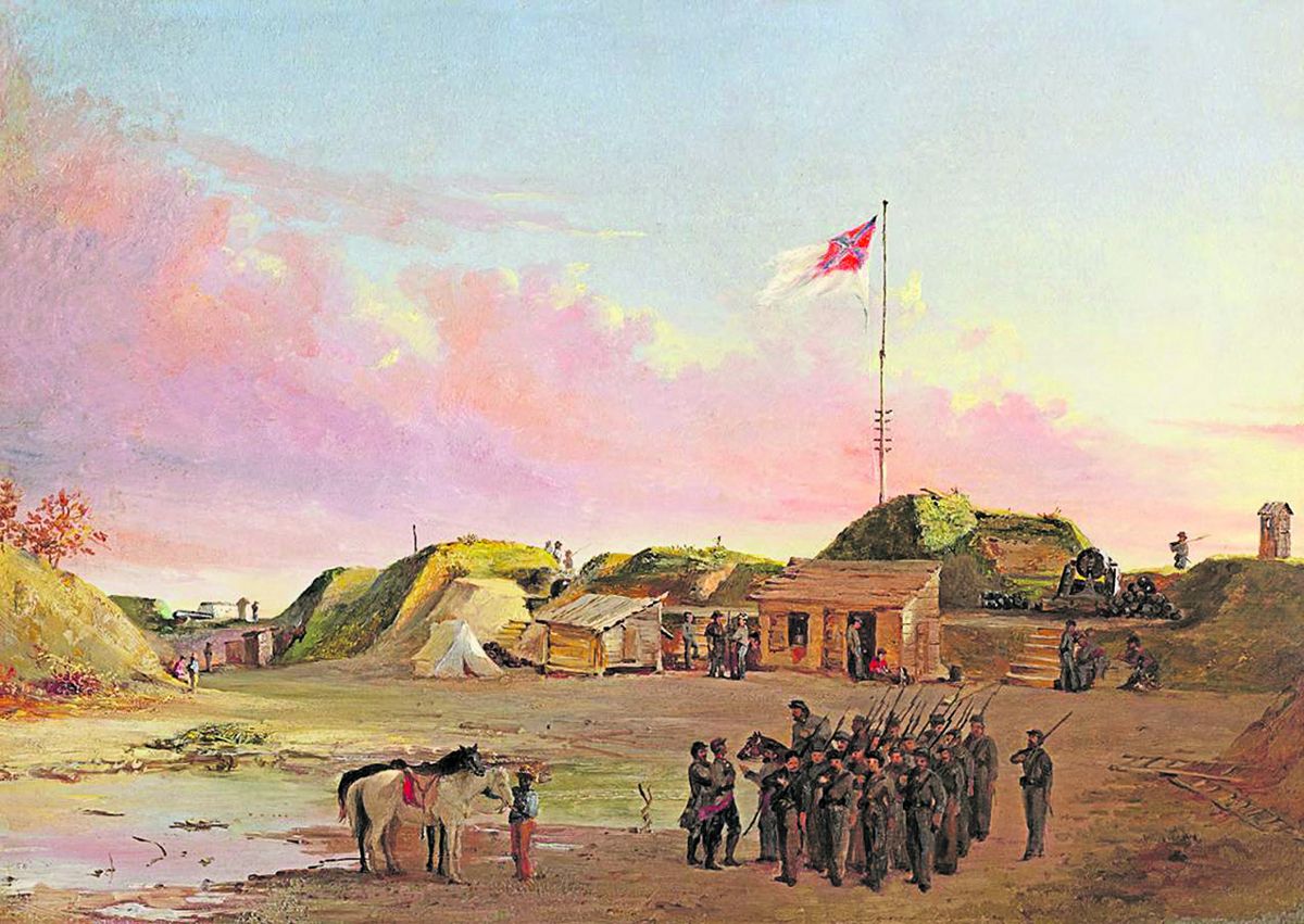 “This battery was named in honor of General Bee; the soldiers seen are either coming on or going off duty. These guns were considered at the time to be among the best in the South, though they would be thought nothing of in these days.” – Conrad Wise Chapman, 1898 Perhaps this is the same flag that Conrad Wise Chapman painted above.