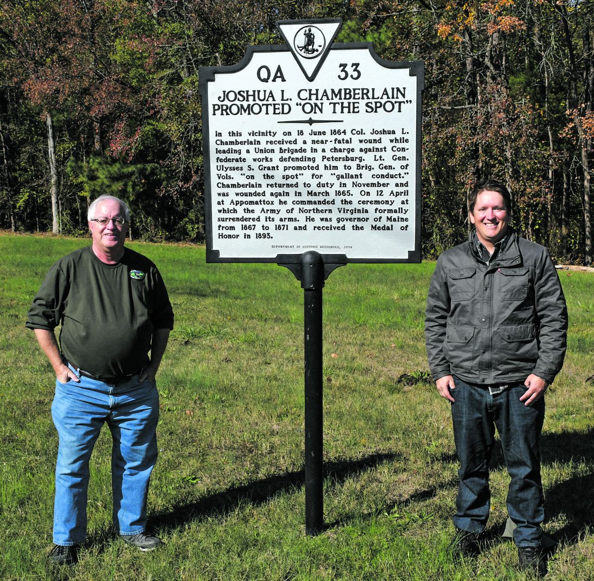 Brian Swartz and Edward Alexander at the site of Joshua Lawrence Chamberlain’s wounding at Petersburg, where Chamberlain was, according to the historical marker, “promoted on the spot.”
