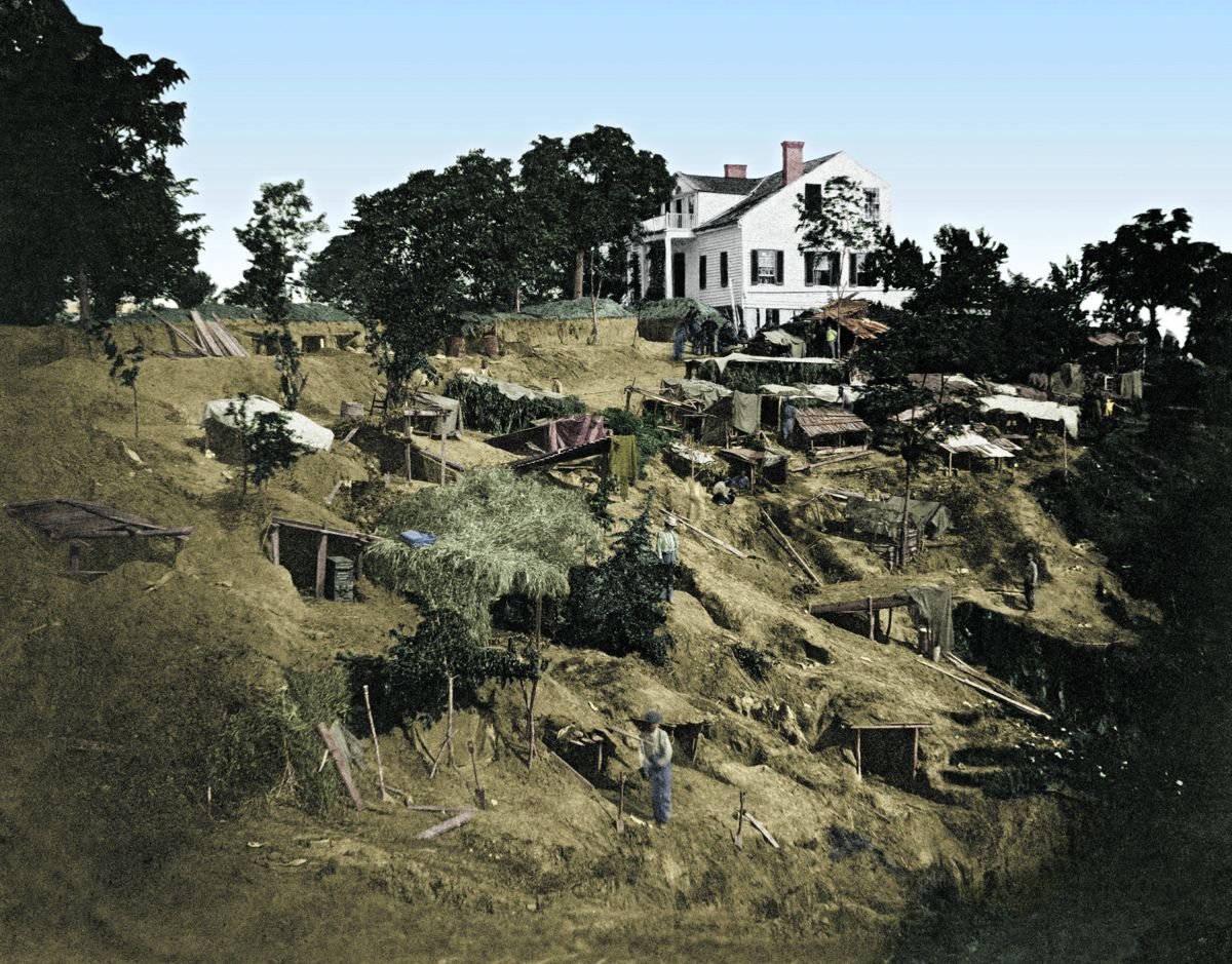 Bivouac of the 45th Illinois near the Shirley House, Vicksburg, Miss.; Colorization © 2020 civilwarincolor.com courtesy civilwarincolor.com/cwn. Smithsonian American Art Museum.