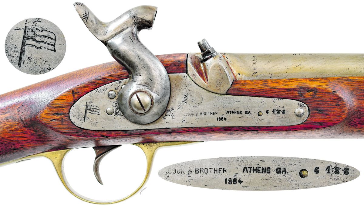Close up of the lock of Cook & Brother rifle #6188 with insets showing marking details.