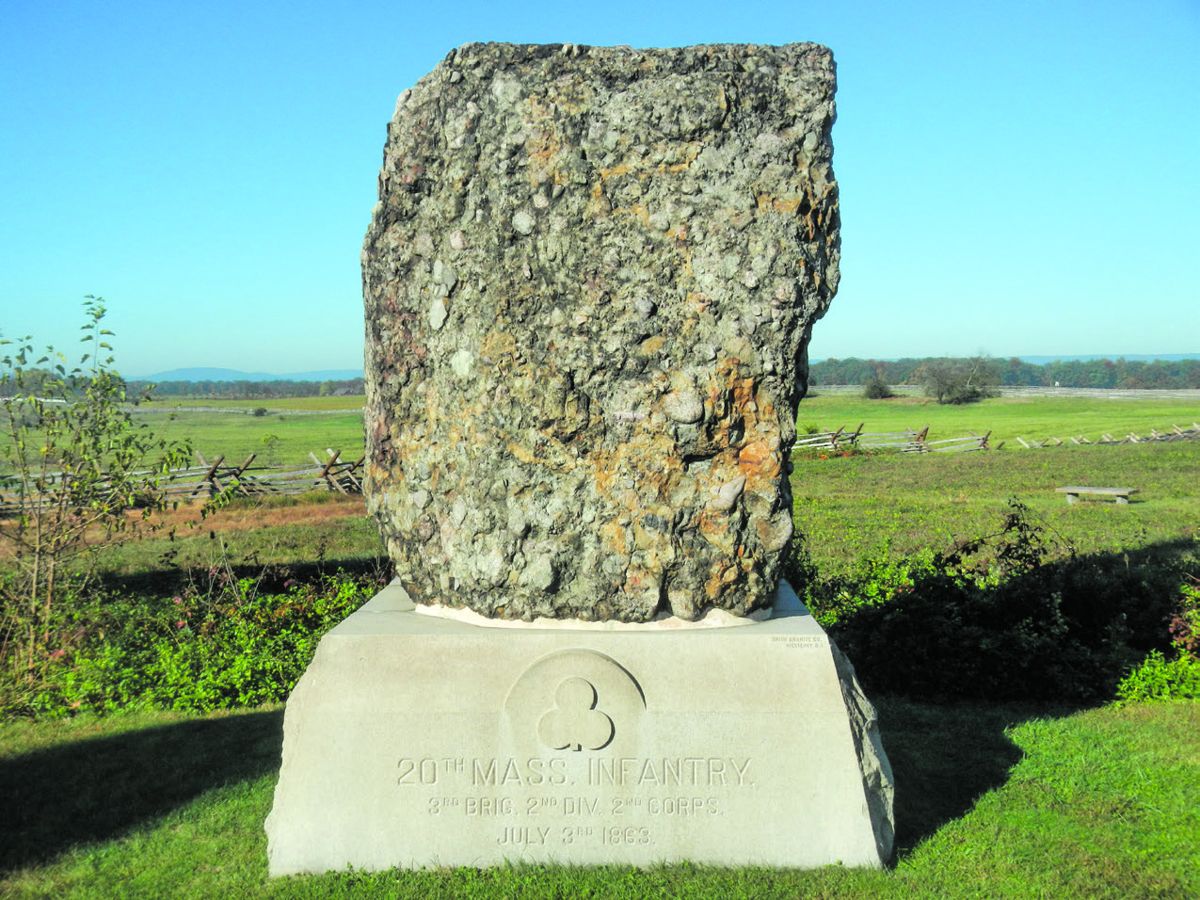 The 20th Massachusetts Monument stands near The Angle at Gettysburg. Public Domain.