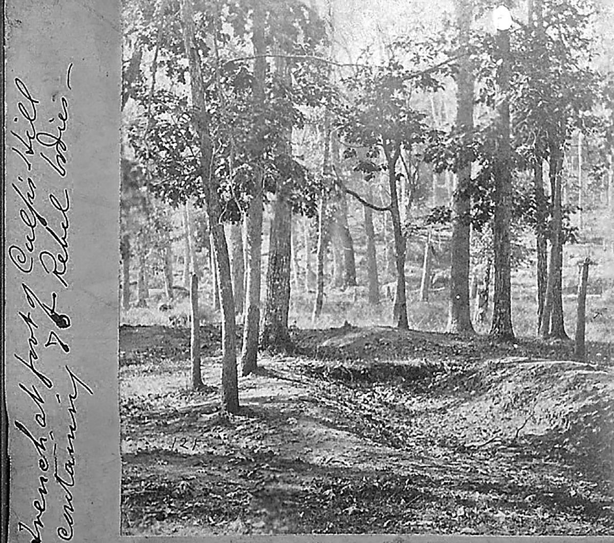 Nearly identical image of Confederate burial trenches on Culp’s Hill. Caption reads, “…containing 75 Rebel bodies.” PS & HE Weaver/Boardman Collection.