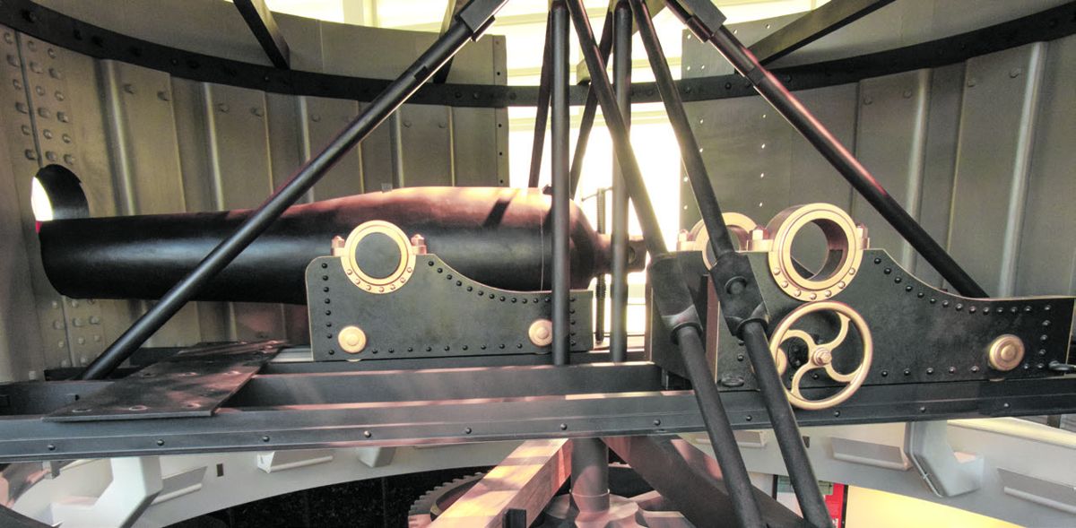 This exhibit at the Mariners’ Museum’s Monitor Center illustrates via a cutaway display how the Monitor’s XI-inch Dahlgrens were mounted on sliding carriages within the turret.