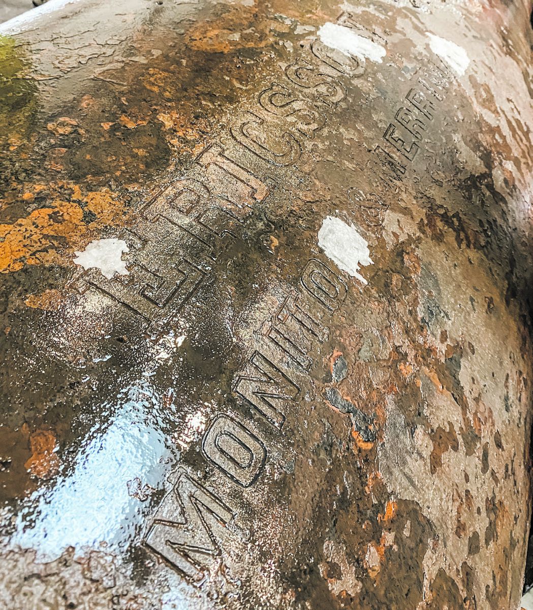 The inscription on this Dahlgren shell gun, registry number 28, reads: “Ericsson, Monitor and Merrimac.” This engraving was added in October 1862. Courtesy of The Mariners’ Museum and Park.