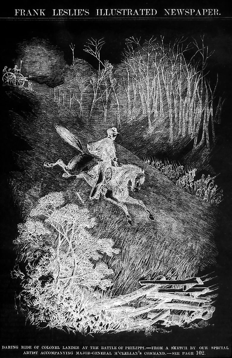 Daring ride on horseback of Colonel Fredrick West Lander at the Battle of Philippi; W.Va., June 3, 1861. Illustrated in: Frank Leslie’s illustrated Newspaper, vol. 12, no. 293 (1861, June 29), p. 106. Library of Congress.