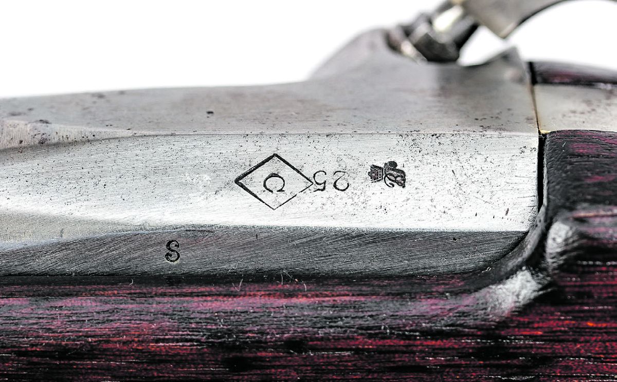 Close up of the proof marks on the 1862 dated Whitney “Manton” rifle musket, showing the “Diamond-C” Colt contract barrel mark, the “25” English gauge mark for .577 caliber, and the Birmingham commercial proof mark.
