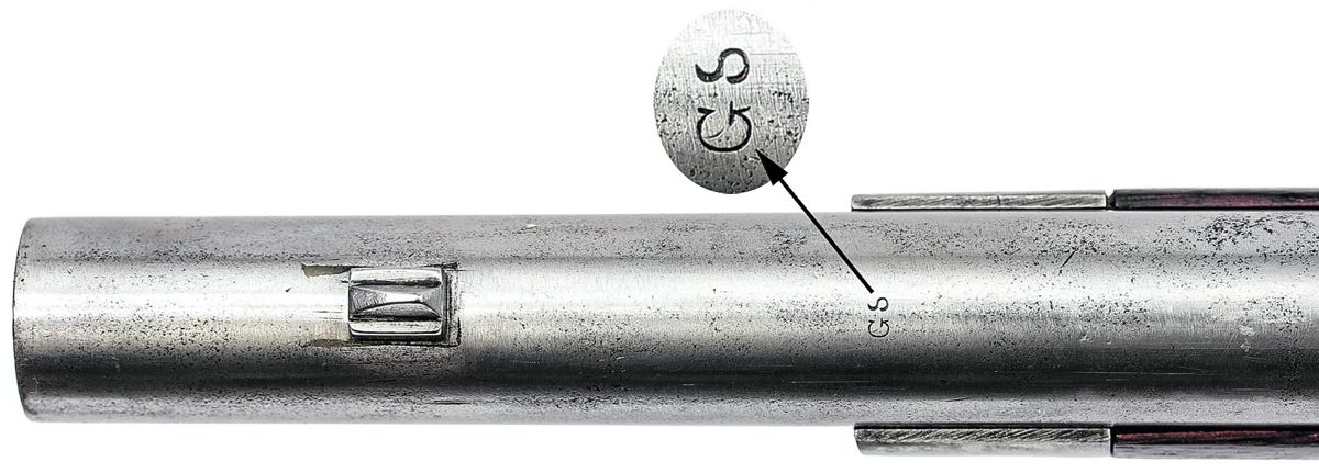 Close up of the alphanumeric mark on the barrel of the Whitney “Manton” rifle musket.