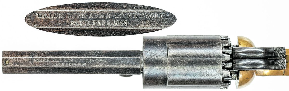 The barrel address of a Walch Pocket revolver, listing the name of his company and referring to his February 8, 1859, patents, but not mentioning that the New Haven Arms Company was the actual manufacturer.