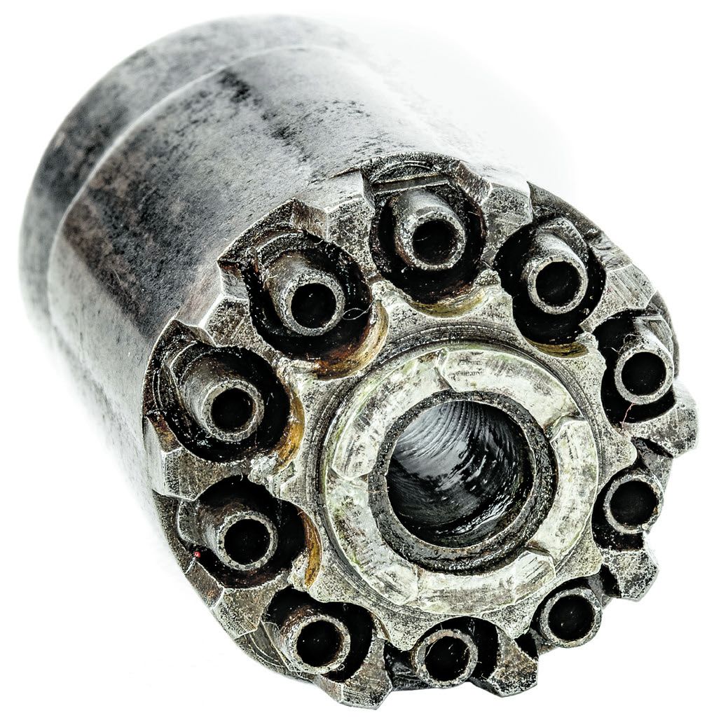 View of the rear of a Walch Pocket cylinder, showing the arrangement of ten percussion nipples around five chambers.