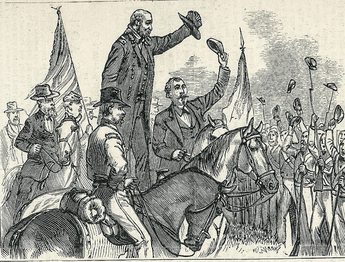 Kilpatrick addresses the troops at his 1868 reenactment. (Joe Bilby)