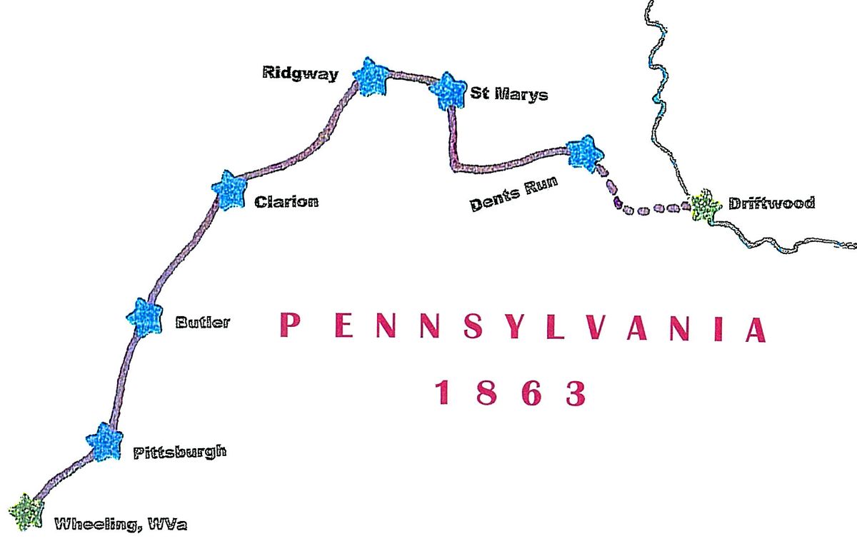 The proposed route of the Union gold shipment. The wilderness trail via north central Pennsylvania perhaps was a diversion to fool the Confederates or bandits from stealing the Union gold.