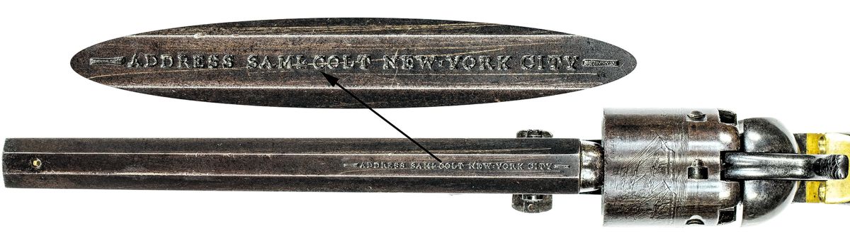 Reverse details of the same revolver, showing the various sub-inspection markings, as well as the “US” mark under the Colts Patent mark and the script ADK sub-inspection cartouche of U.S. Ordnance Department