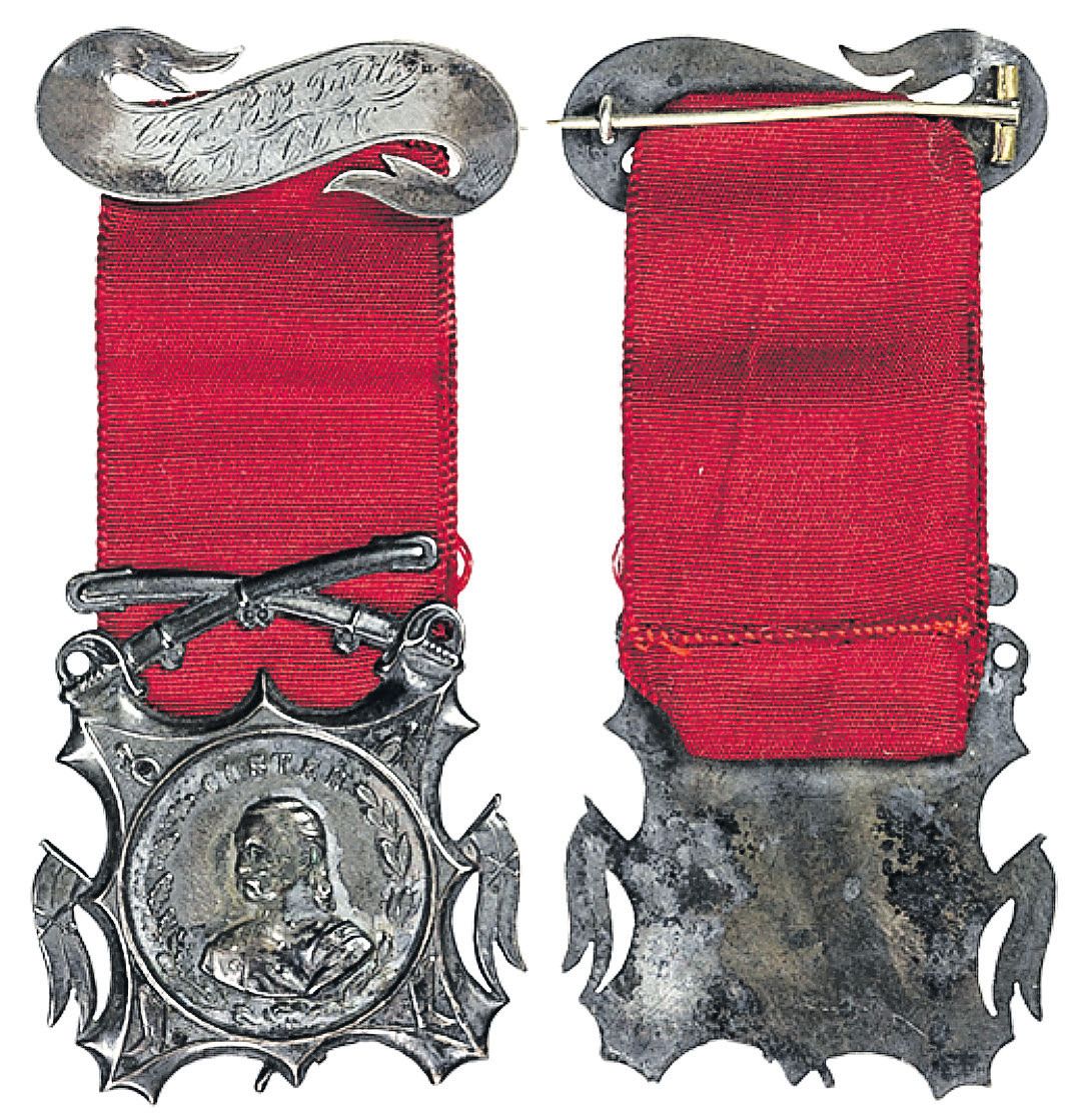 Sold at Spink-Smythe Auctions, New York, lot 1074, Libbie Custer sale 2012, $10,350. This same badge sold in 2015 at James Julia Auctions with lessened interest in Custer for $7,110.