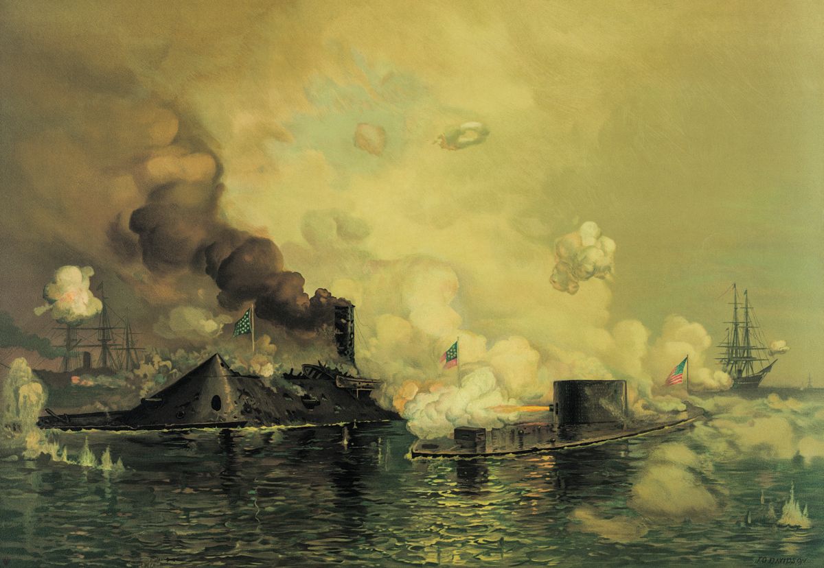 The Monitor and Merrimac. Artist: J. O. Davidson. Published by L. Prang & Co. Boston, 1886. CSS Virginia on the left and the USS Monitor on the right firing a shot at the Virginia. The USS Cumberland and USS Congress are in the background. (Library of