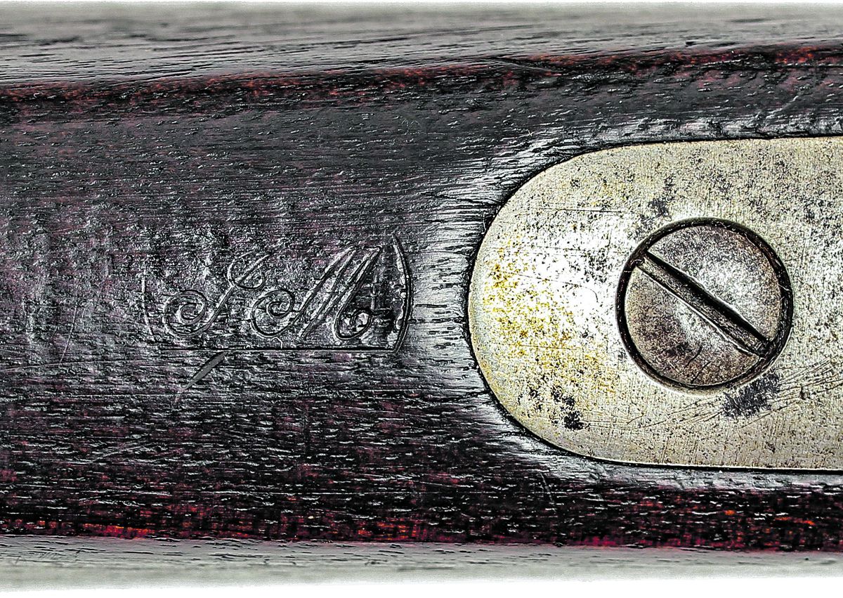James Mills’ cartouche in a secondary location on the carbine, on top of the stock comb, forward of the buttplate tang.