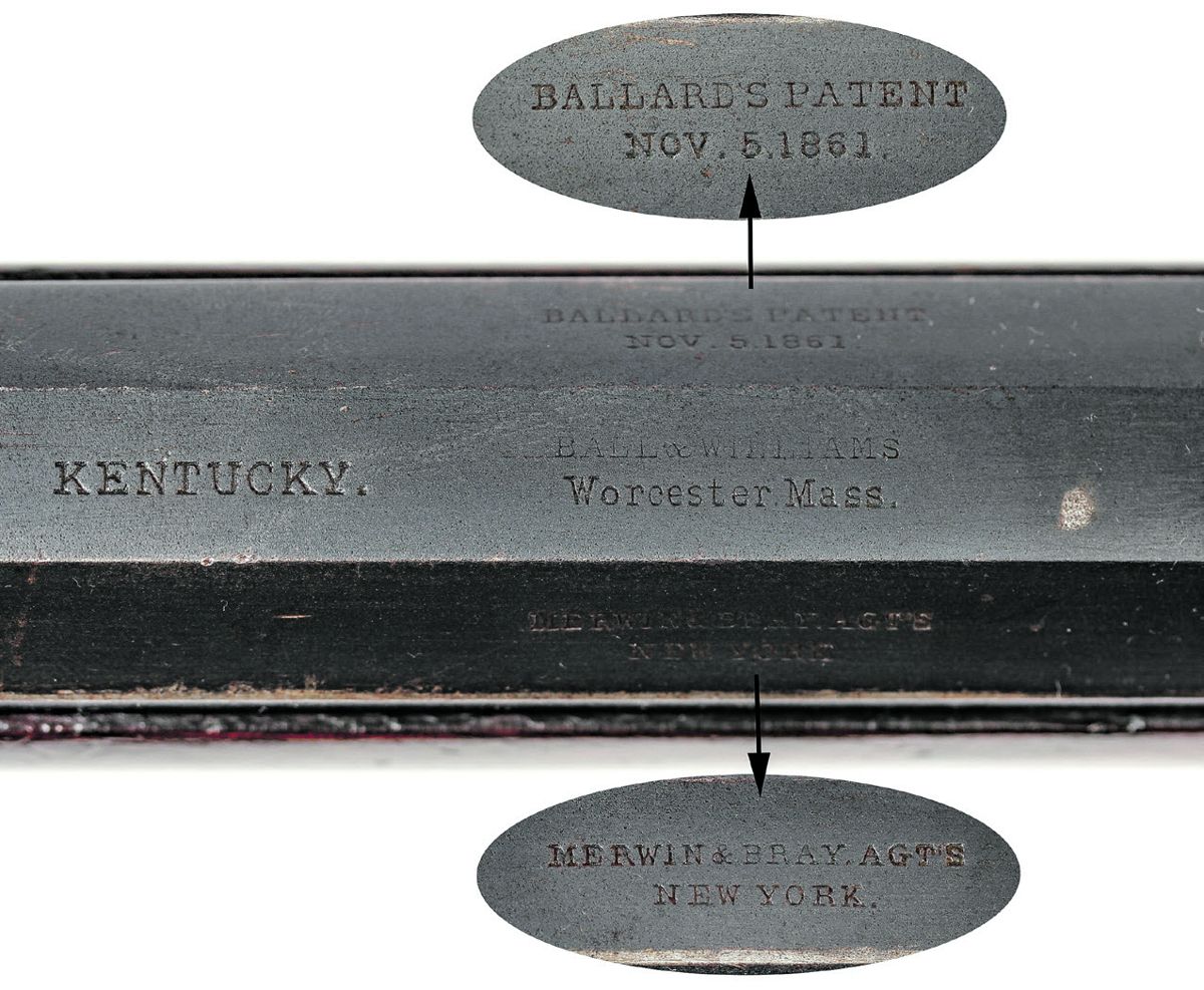 Kentucky state ownership marking on the barrel of a Ball & Williams manufactured Ballard rifle, with detail showing patent markings and Merwin & Bray’s agent mark.