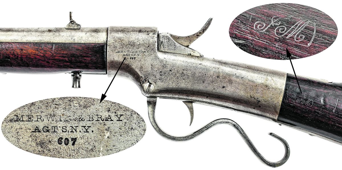 Reverse receiver of Ballard #607 showing marking details and the script JM cartouche of arsenal sub-inspector James Mills who also inspected Smith and 2nd Model Maynard carbines.
