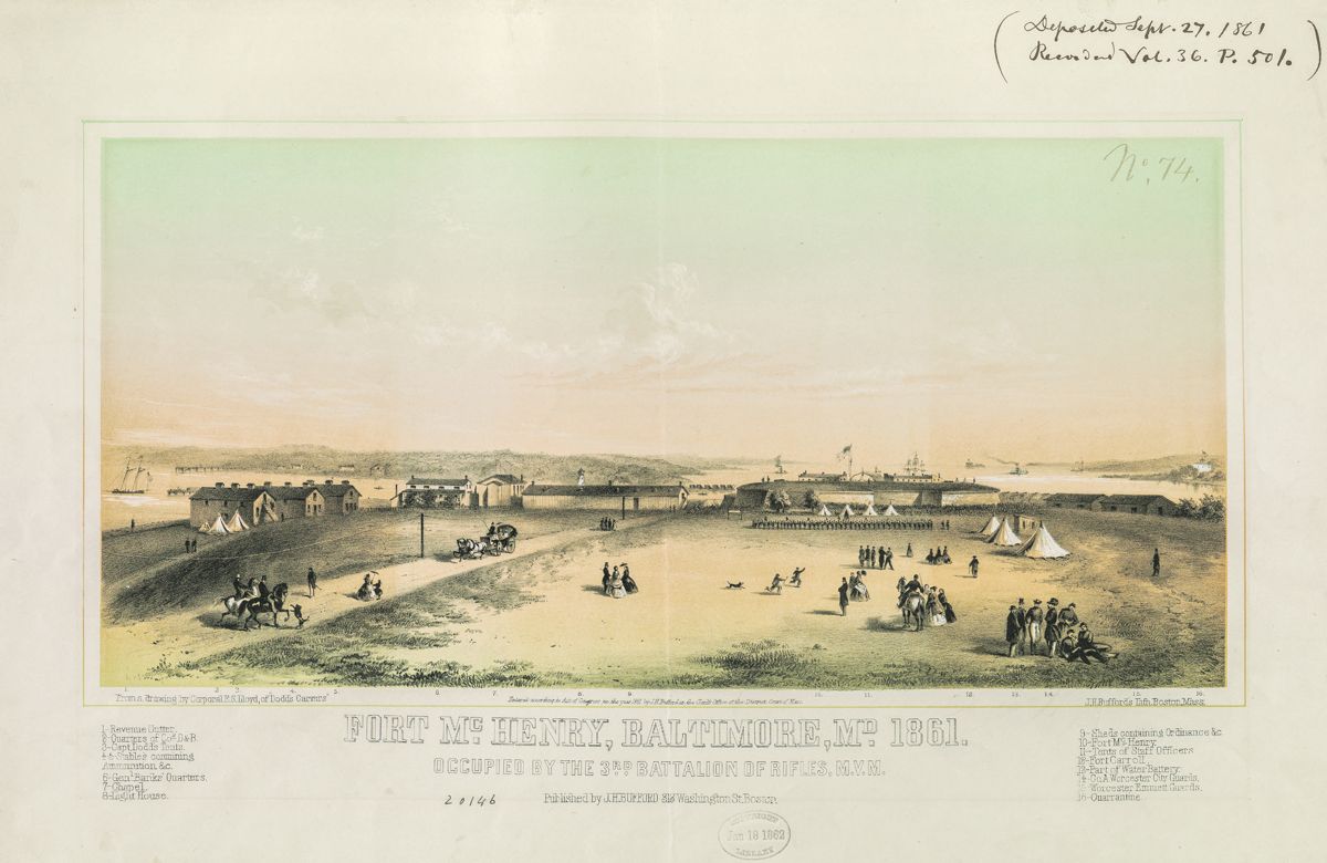 Fort McHenry, Baltimore, Md., 1861, occupied by the 3rd Battalion of Rifles, M.V.M. / from a drawing by Corporal E.S. Lloyd, of Dodd’s Carvers. Bufford’s Lithography. Library of Congress.