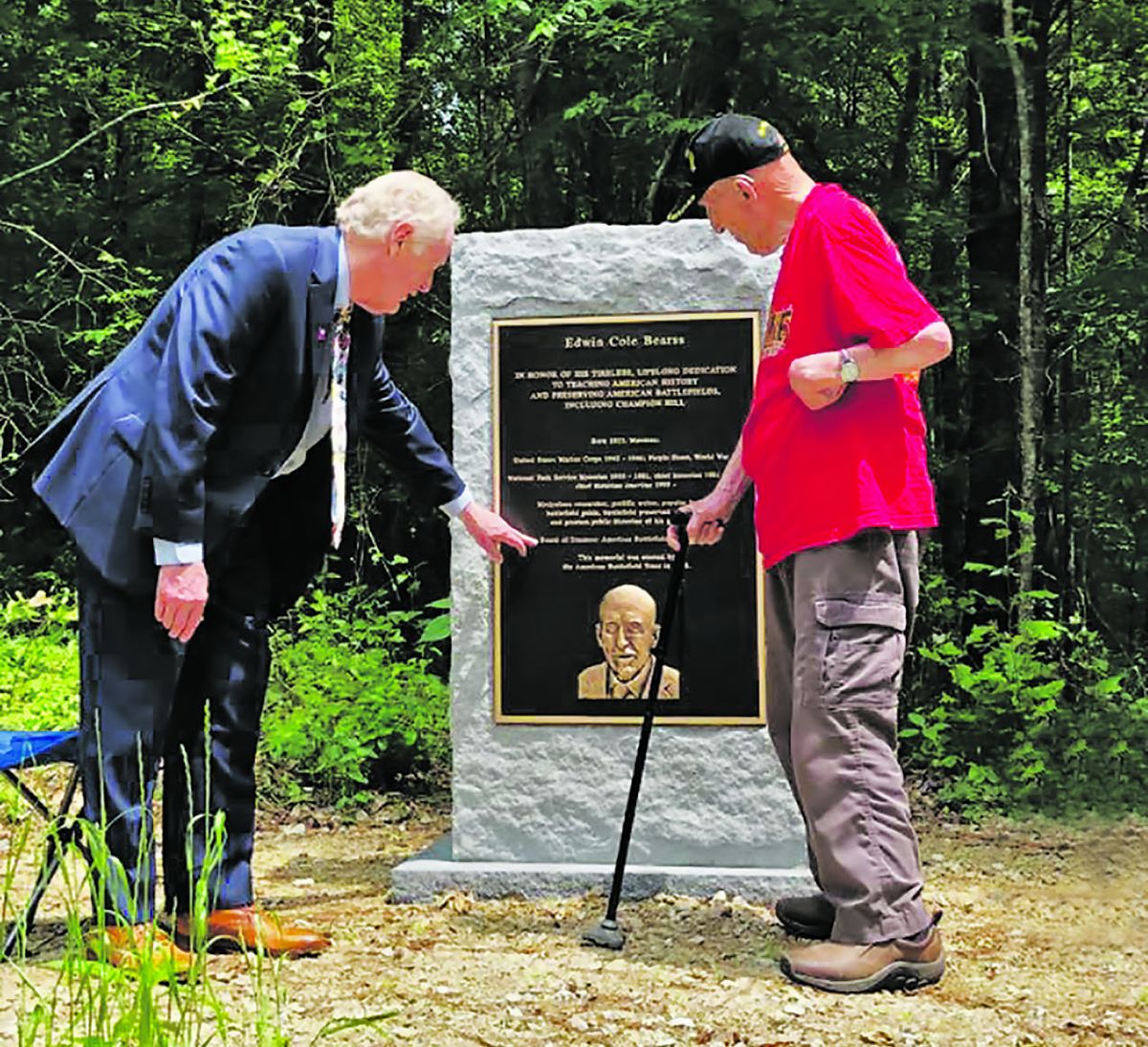 The America Battlefield Trust named its lifetime achievement award in Ed Bearss’ honor and dedicated a monument to his achievements on Champion Hill Battlefield in Mississippi. Left is American Battlefield Trust’s President, Jim Lighthizer, with Ed Bearss.