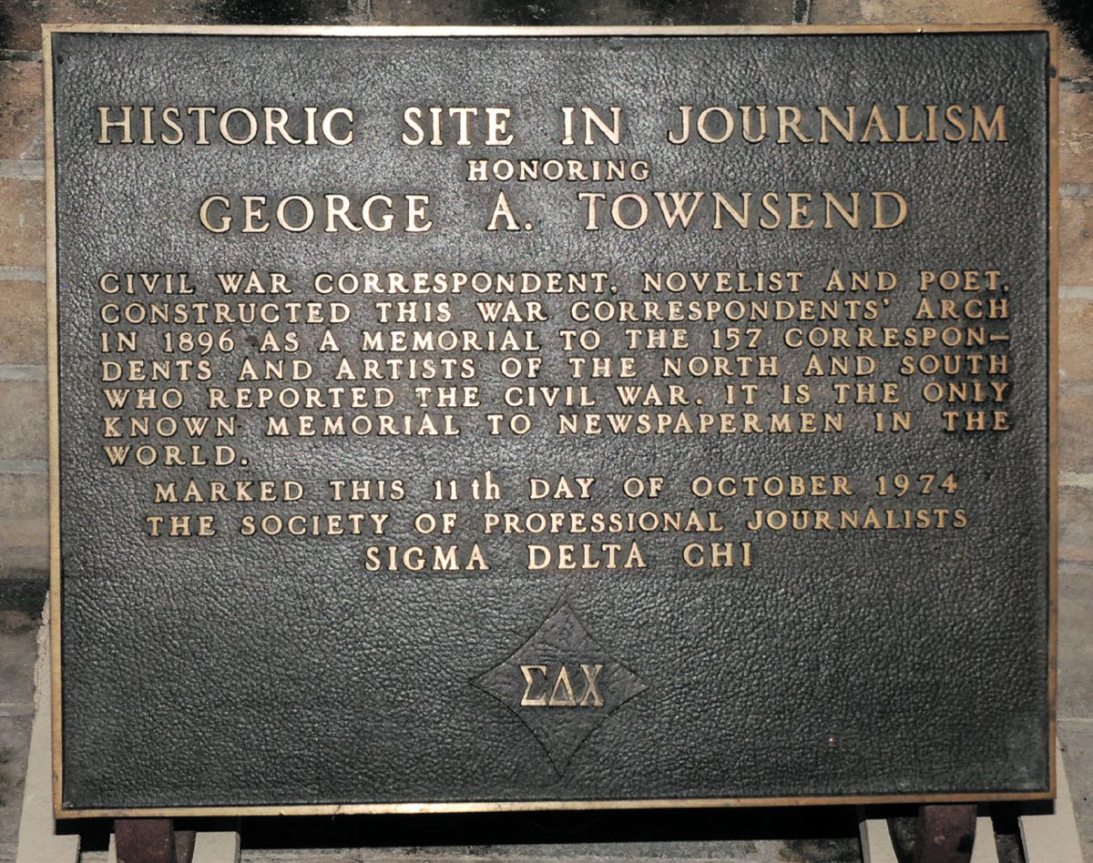 This plaque honors George Alfred Townsend for creating the only known memorial to newspapermen.