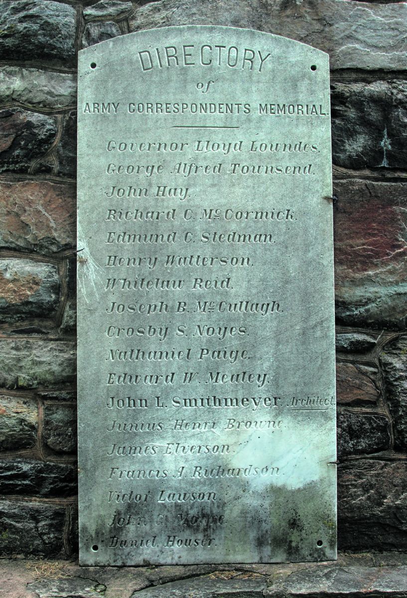 The “Directory Tablet” is one of the stone tablets that list the names of 157 correspondents, artists, and photographers who covered the Civil War.