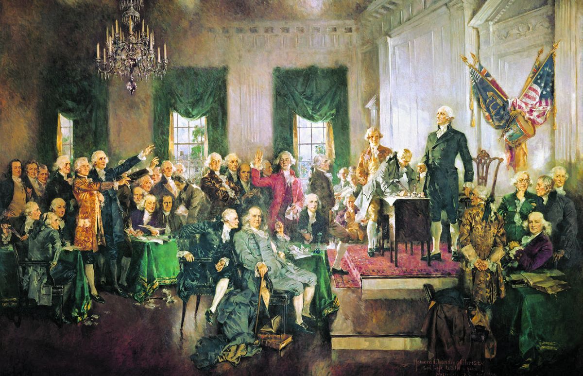 Signing of the United States Constitution with George Washington, Benjamin Franklin, and Alexander Hamilton (left to right in the foreground), painting Howard Chandler Christy.