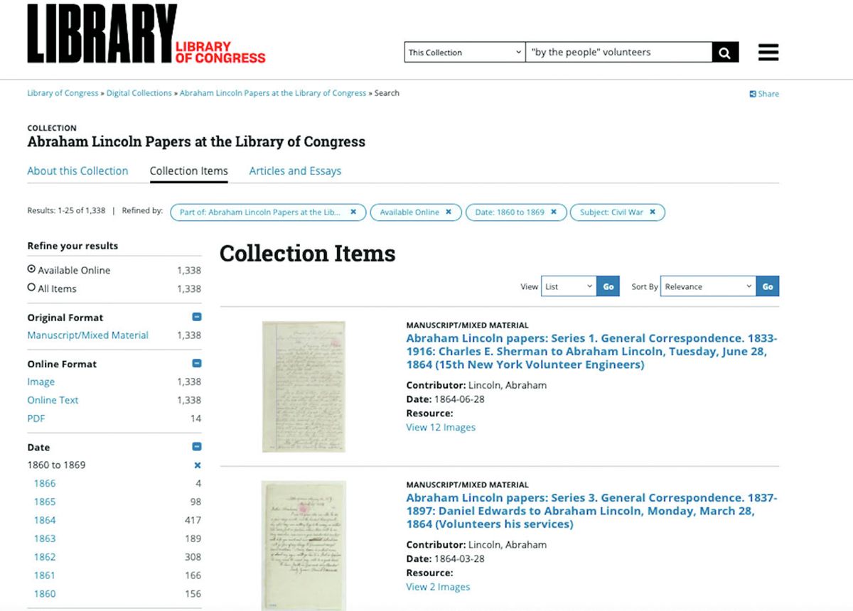 Homepage for Lincoln Papers at the Library of Congress.
