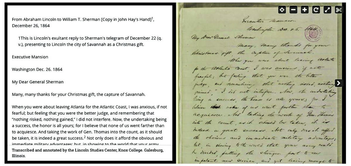 Transcription and original of Lincoln’s letter to Sherman.