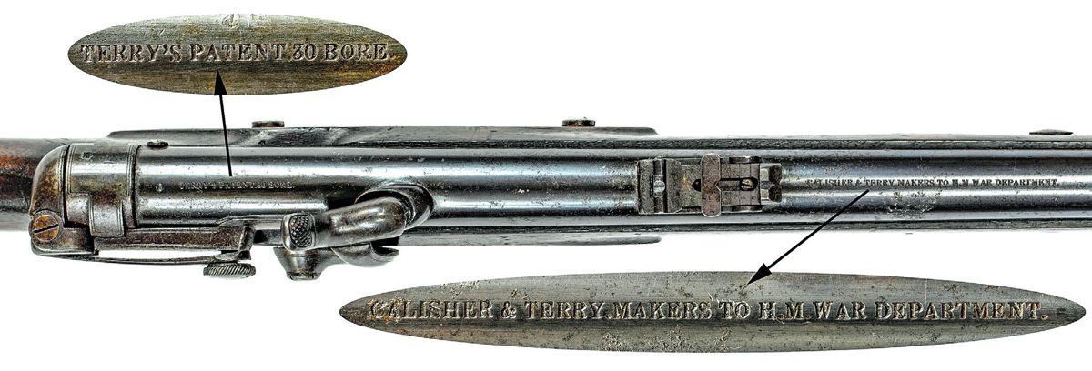 Top view of the breech and rear barrel area of the Terry Carbine with details showing the barrel markings.