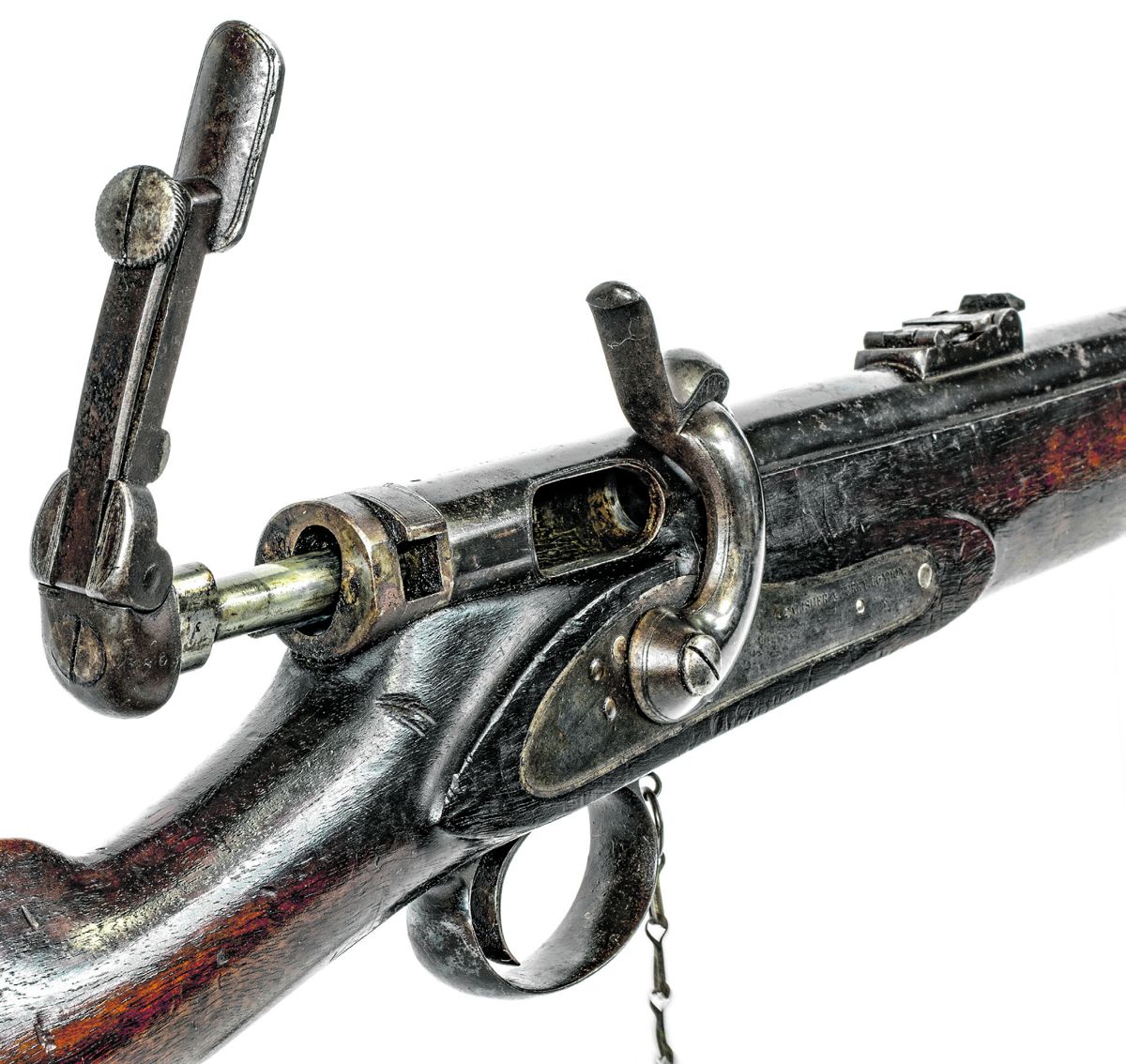 Rear view of the Terry carbine’s breech operation lever in the open position.