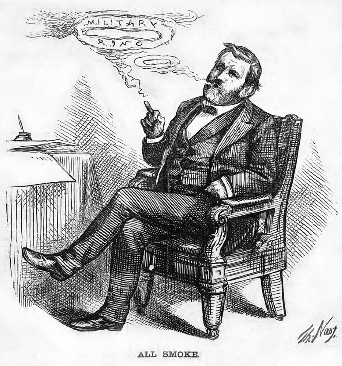 President Grant enjoying a cigar. “All Smoke” Harper’s Weekly, May 11, 1872.