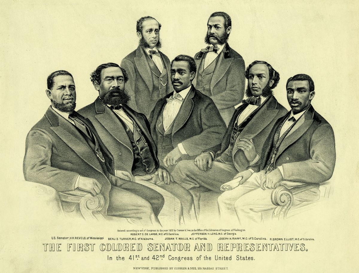“The First Colored Senator and Representatives. In the 41st and 42nd Congress of the United States” by Currier and Ives, 1872.